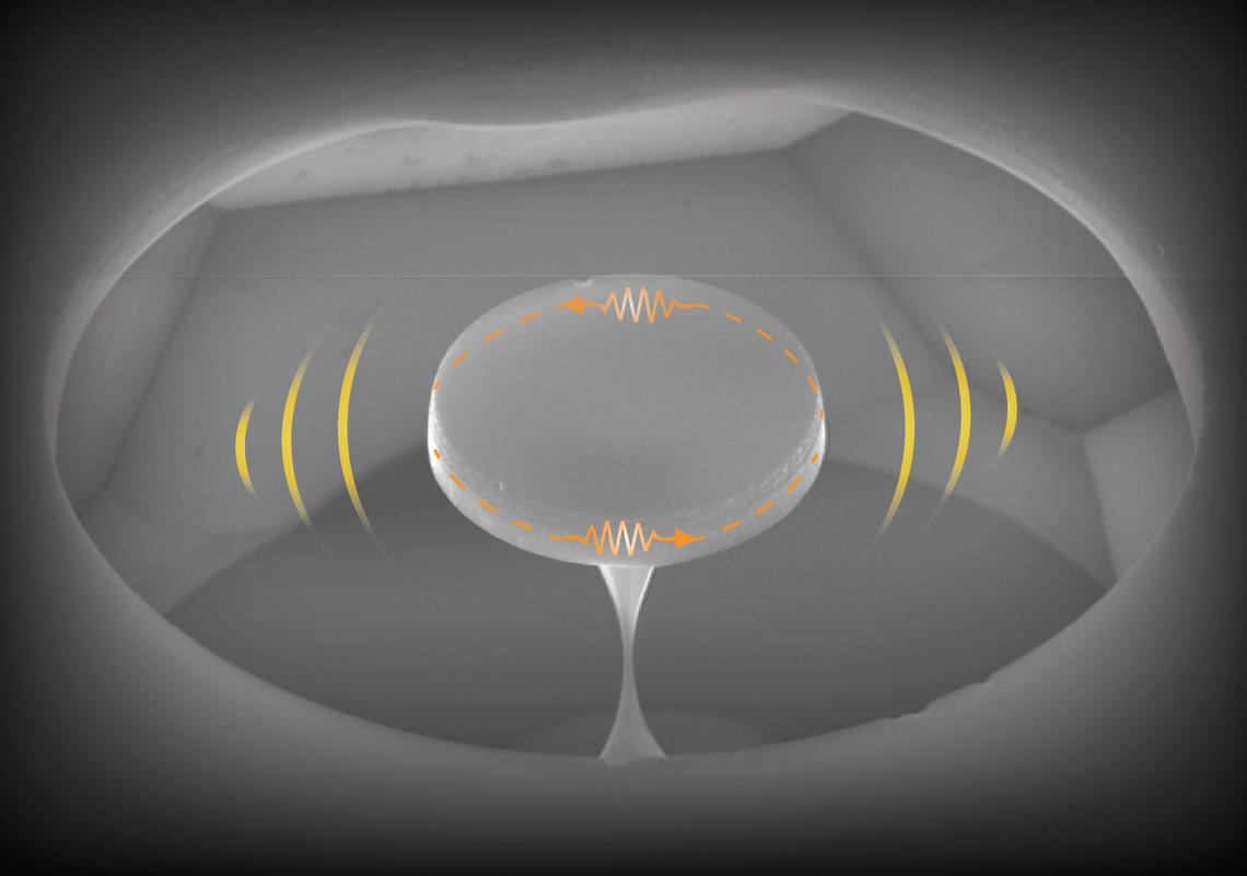 Barclay’s group used diamond to make their microdisk, which looks like a microscopic-sized hockey puck (the optical cavity) supported by a very tiny hourglass-shaped pillar in the centre. The group used light to vibrate the disk to a gigahertz frequency, the frequency used in computers and cell phone transmission. “It shows that diamond has a lot of potential as a material for making mechanical oscillators at this scale,” Barclay says.