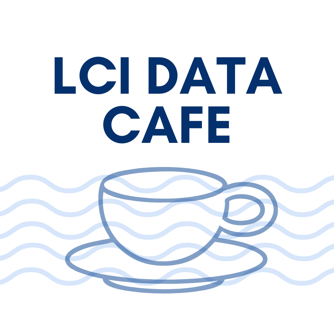 Title: LCI Data Cafe, Image: Stylized blue coffee mug with waving lines behind it.